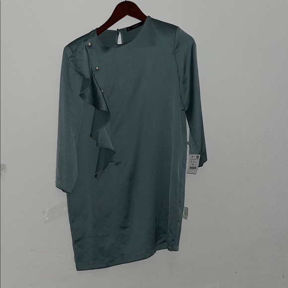Zara Dresses & Skirts - Zara Asymmetrical Teal Dress with Ruffle Accent
